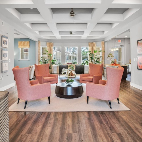 clubhouse with colorful seating and decor