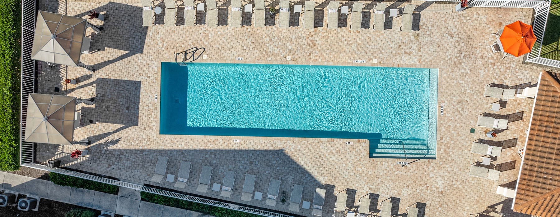 aerial view of pool showing ample reclining seating and modern covered-seating areas
